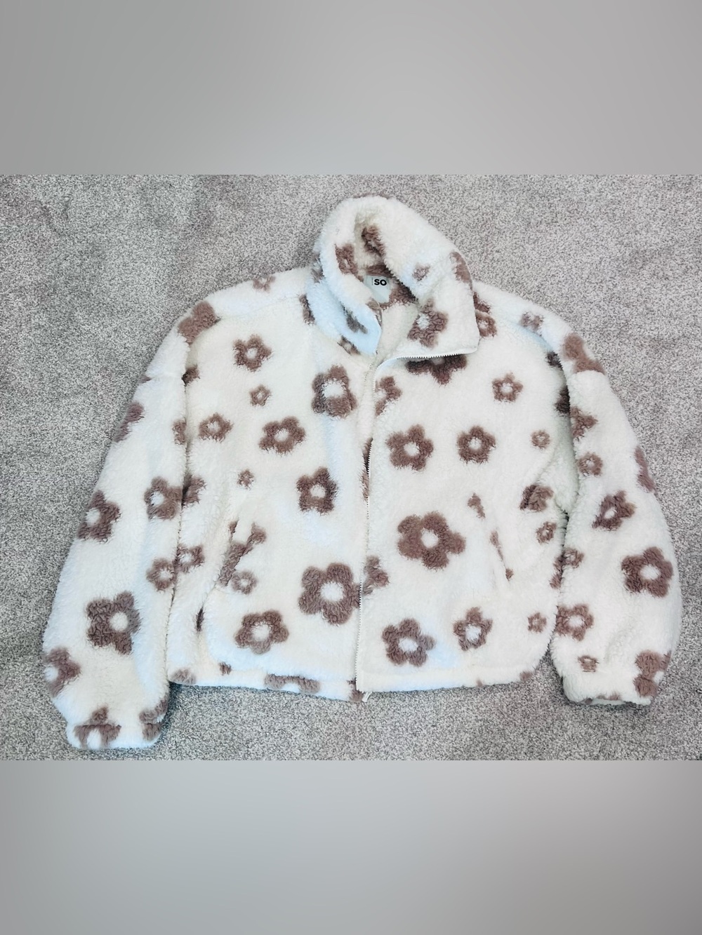 SO White Teddy Jacket with Brown Floral Print